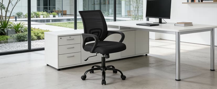 DUMOS Home Office Chair - Ergonomic Mid Back Mesh Desk Chair with Lumbar Support & Rocking Mode, Height Adjustable with Fixed Armrest, for Computer, Gaming, Meeting, 360° Swivel, Black
