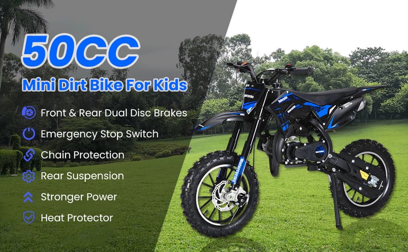 50CC Dirt Bike, 2-Stroke Kids Dirt Bike with 10-Inch Off-Rode Tire, Mini Bike with Front and Rear Disc Brake, Up to 25 Mph, Mini Bikes for Kids 8-14 Weight Support Up to 330 LBS Blue