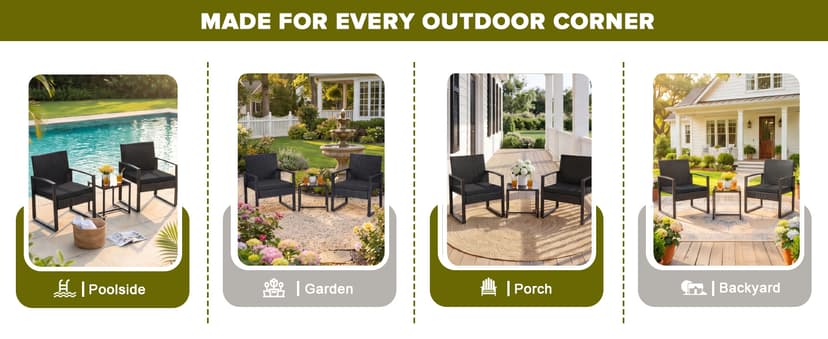 Flamaker 3 Pieces Outdoor Patio Wicker Furniture Set, Modern Rattan Chair Conversation Sets with Coffee Table for Yard and Bistro (Black)