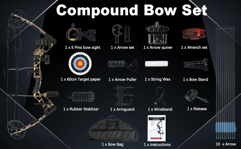 Compound Bow and Arrow Set, 30-70 Lbs Draw Weight, 23.5"-31" Draw Length, Right Handed Bow for Adult, 320 Fps Hunting & Target Bow with Accessories
