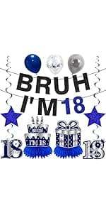 11Pcs 18th Birthday Decorations Kit for Boys Men, Blue Sliver Happy 18th Birthday Banner, Awesome Since 2007 Centerpieces Swirls Party Supplies, Eighteen Bday Banner Ceiling Table Topper Sign