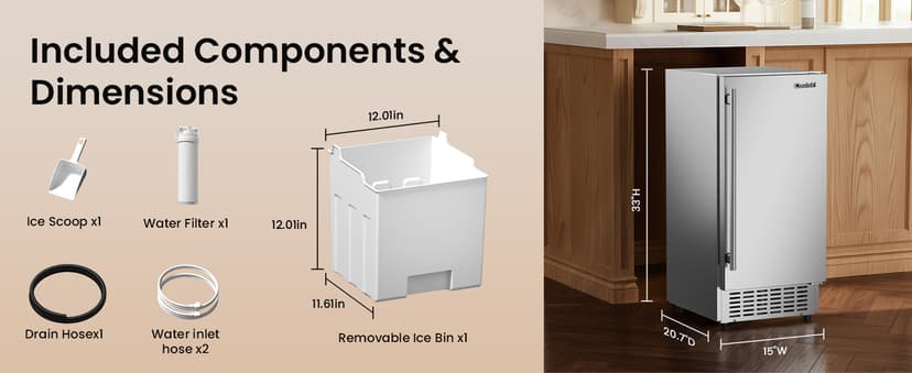 15” Under Counter Ice Maker Machine, 130 Lbs/Day with 30 LBS Storage Bin, Built-in Freestanding Stainless Steel Ice Maker with Auto-Cleaning, Smart LCD Panel, for Commercial & Home Outdoor Use