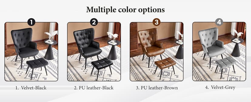 Furniliving PU Leather Accent Chair with Ottoman, Upholstered Reading Chair with High Backrest, Tufted-Button Wingback Armchair for Bedroom, Dressing Room, Home Office, Brown