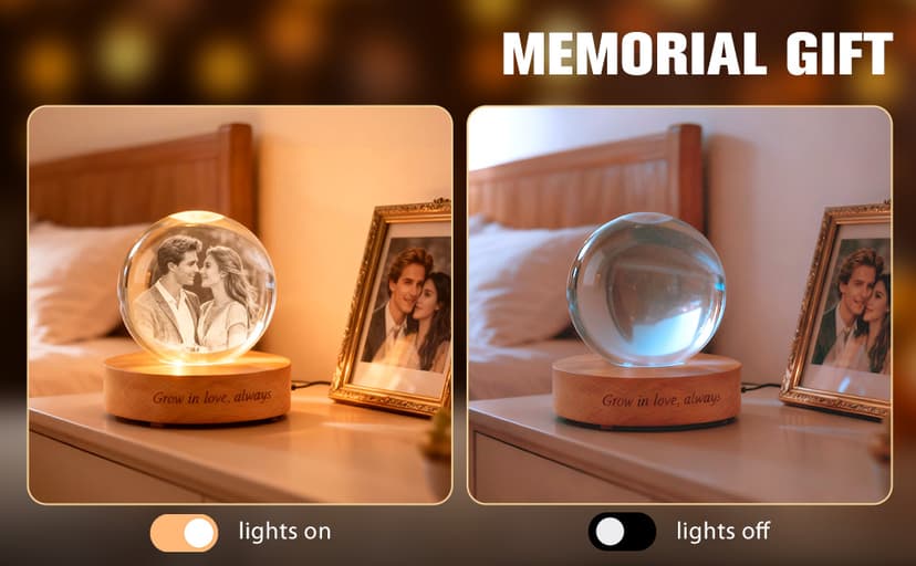 Personalized 3D Photo Crystal Ball, Memorial Gifts, Custom Engraved Picture Lamp with Wood Base, Color Changing Crystal Globe for Pets, Couples, Babies, Parents, Birthdays, Anniversaries(Circle)