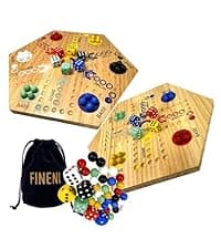 Wooden Board Games, Marble Board Game Original with Dual Sides Fast Track Board Game for 2 to 6 Players, Double Side Marble Game, 6 Colors 30 Marbles Set and 6 Color 6 Dice,Pouch (16" Dark)