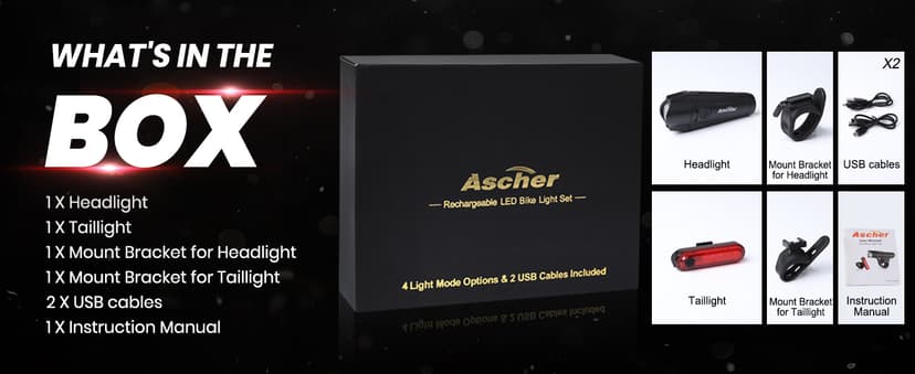 Ascher Ultra Bright USB Rechargeable Bike Light Set, Powerful Bicycle Front Headlight and Back Taillight, 4 Light Modes, Easy to Install for Men Women Kids Road Mountain Cycling B07FC9NRRR