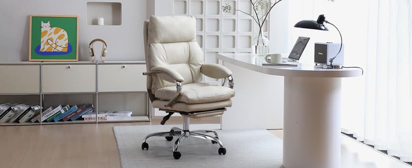 LEAGOO Office Chair with Foot Rest, Ergonomic Executive Office Chair with Arms, Reclining High Back PU Leather Comfy Swivel Computer Desk Chairs with Wheels and Lumbar Support for Home Office, Cream