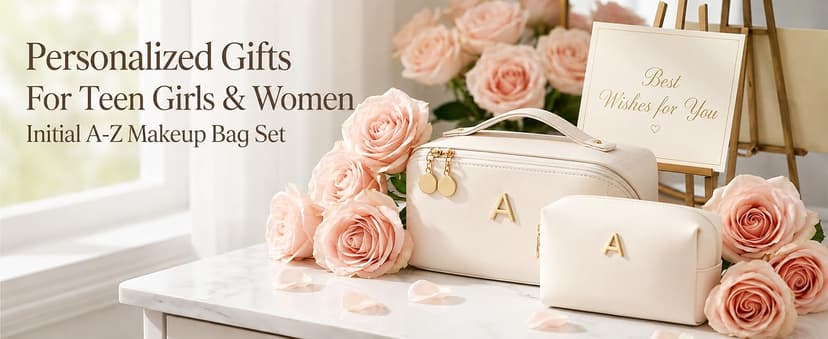 Waterproof PU Leather, Open Flat Design Cosmetic Bag, Multiple Compartments Travel Toiletry Bag (Pink, A) Initial Makeup Bag Personalized Gift for Women Teen Girls B0F26C313Y