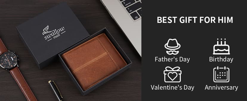 Swallowmall Leather Wallet for Mens Genuine Leather RFID Blocking Bifold Wallets with 1 ID Window 15 Card Slots