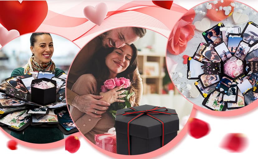 Koogel Explosion Gift Box, Handmade Exploding Photo Album Preassembled Surprise Picture Pop Up Love Box with Creative DIY Scrapbooking Accessories for Anniversary Birthday Wedding