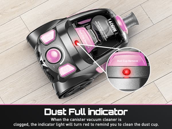 PKUYIE Canister Vacuum Cleaner, 40Kpa 1600W Cyclon Power, Dust Full Indicator, Double HEPA Filters, 3.7Qt Large Capacity, Lightweight Vac for Hard Floors, Carpets, Pet Hair, Pink