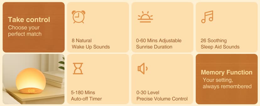 REACHER Wood Grain Sunrise Alarm Clock and Sound Machine Nightlight, Digital Dimmable Clock for Bedroom, 26 Sleep Sounds, White Noise Machine for Baby, Adults, Wake Up Light Alarm Clock for Kids