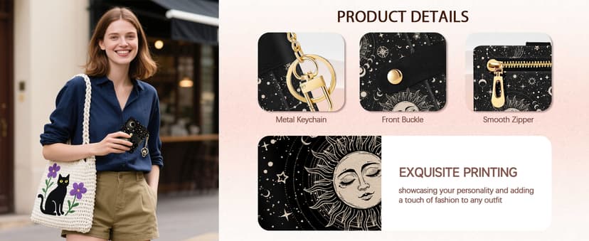 Jogjam Black Cat Floral Rfid Women Wallet, Small Slim Thin Credit Card Wallet, PU Leather Bifold Cash Zipper Coin Pocket ID Window for Female Ladies Teen Girls Girly