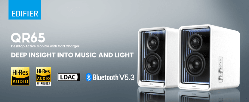 Edifier QR65 Desktop Active Monitor with 2.75" Long-Throw Aluminum Diaphragm mid-Low Drivers, Hi-Res Audio, Brilliant Light Effects, 70W Output Power Bluetooth Speakers with Stands - White