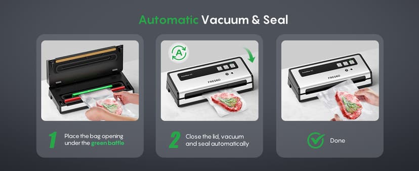 FRESKO Vacuum Sealer Machine with Automatic Bag Detection, Double Heat Seal, Compact Food Sealer, Easy to Use, Starter Kit