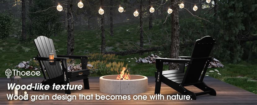THOEOE Folding Adirondack Chair,HDPE All-Weather Outdoor Chair with Cup Holder,Wooden Textured,Fire Pit Chair,Plastic Patio Chair for Deck,Backyard,Garden,Lawn, Black