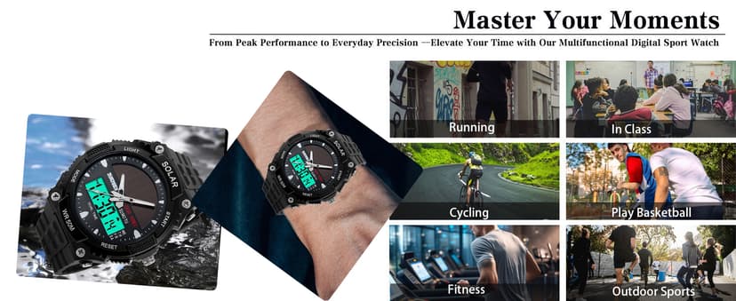 FANMIS Men's Solar Powered Casual Quartz Wrist Watch Analog Digital Multifunctional Black Sports Watch