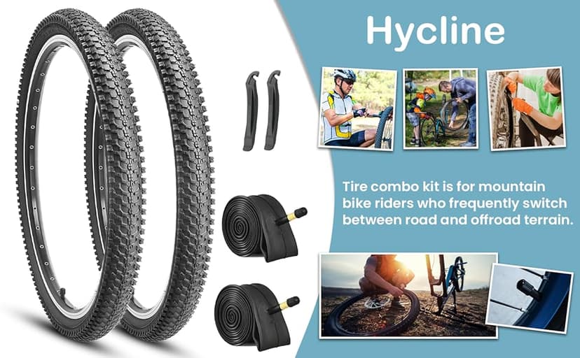 Hycline 2-Pack Mountain Bike Tires Set: 20/24/26/27.5-inch Folding Replacement High-Performance Wear-Resistant Bicycle Tires and Pair Inner Tubes with Tire Levers for MTB Off-Road Bike