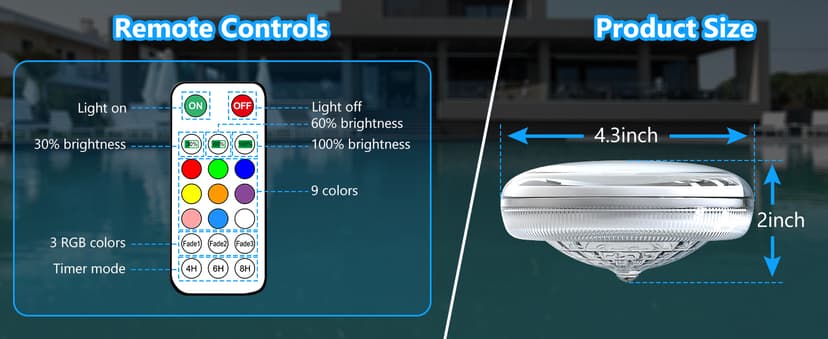 Solar Rechargeable Floating Pool Lights(2 Pack), Pool Lights That Float with Remote Control, 9 Lighting, Timing Mode, IPX7 Waterproof for Inground Pool, Bathroom, Bathtub, Pool Party