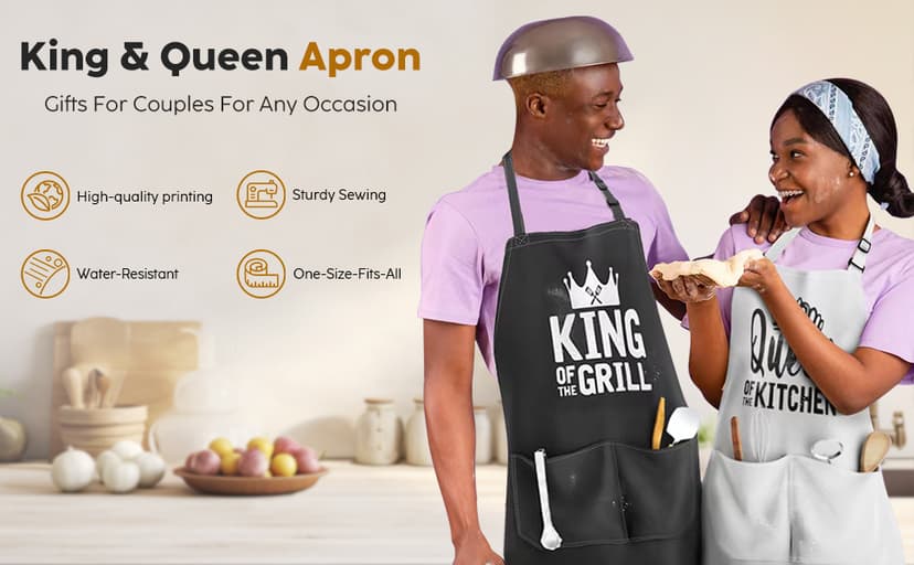 King & Queen Apron Set - Wedding Engagement Gifts for Couples, Funny Kitchen Gifts for Couples, Husband, Wife, Boyfriend, Girlfriend, Him Her, Bridal Shower Gifts, Unique Valentine's Day gifts ideas