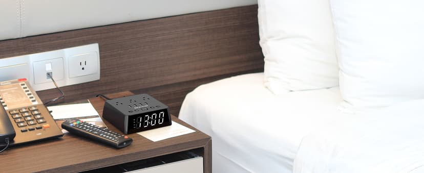 JACKYLED Alarm Clock with 4 USB Chargers Power Strip 3 Outlets 1700J Surge Protector Nightstand Dimmable Digital Clock with Dual Alarm and Snooze Function for Bedroom, Full Screen LED Display