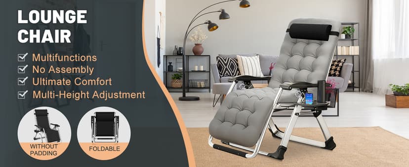MOPHOTO Zero Gravity Chair, Outdoor Padded Lounge Chair with Side Table, Zero Gravity Recliner Chair, Outdoor Reclining Chair, Sturdy & Comfortable, Supports up to 440lbs