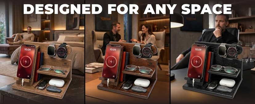 TESLYAR Wood Phone Docking Station for Men - Desktop or Nightstand Organizer - Birthday Gifts for Men, Dad - Anniversary Idea from Wife - Key Holder, Stand Wallet, Watch & Essentials (Bourbon Brown)