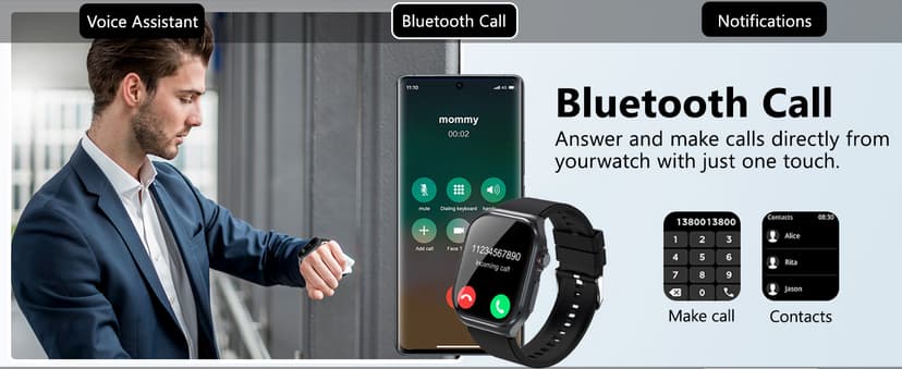 Health Smart Watches for Men Women - 1.87'' Large Display Fitness Trackers Watch with Heart Rate, Blood Pressure, Blood Oxygen, Sleep & Stress Track, 110+ Sports Modes, IP68 Waterproof Watch,Black