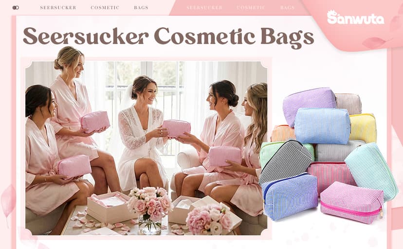 Makeup Bags Women Pouch, Large Preppy Storage Toiletry Travel Pouch for Wedding Bridesmaid Bride Favor Back to Teacher Gift Sanwuta 6 Pcs Seersucker Cosmetic Bags Bulk, Striped Zippered,Khaki B0FXMF4P4J