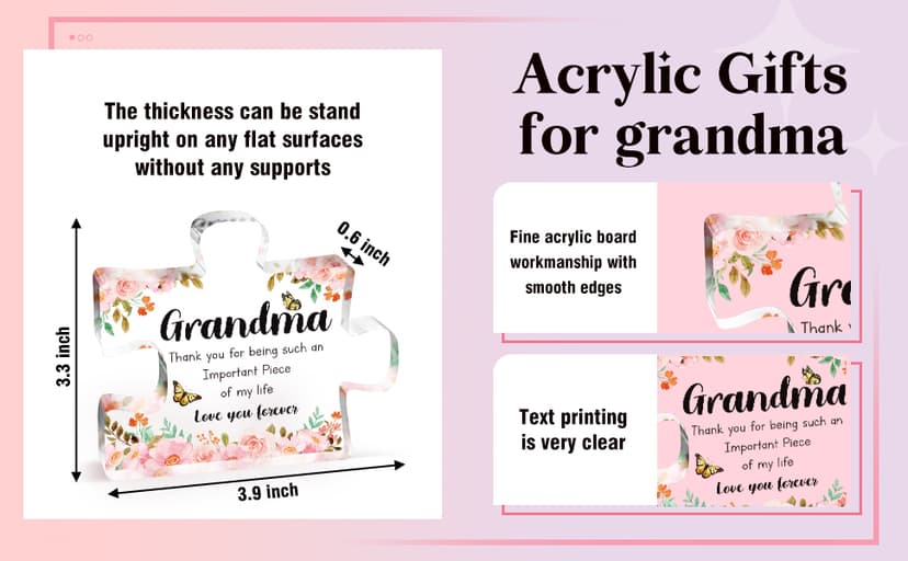 Grandma Gifts - Delicate Grandma Birthday Gifts from Grandkids - Engraved Acrylic Puzzle Piece 3.9 x 3.3 inch - Mothers Day Christmas Birthday Gifts for Grandma Grandmother, Ideas