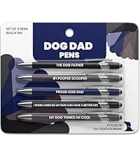 Funny Dog Dad Gift Pen Set – 5 Black Ink Ballpoint Pens with Stylus Tip & Metal Barrel with Doggy-Themed Quotes – Cool Dog Dad Gift for Men for Christmas, Stocking Stuffers, Birthday, Father’s Day