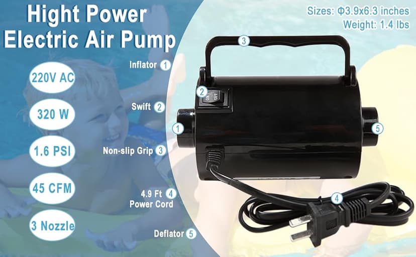 Electric Air Pump for Inflatable Pool Toys - High Power Quick-Fill Air Mattress Inflator Deflator Pump for Pool Float Raft Airbed with 3 Nozzles, 320W, 110V AC, 1.6PSI, Air Flow 26CFM