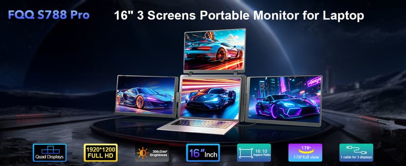 16" Triple Screen Portable Monitor for Laptop, FHD 1200P Laptop Screen Extender, 1 Cable for 3 Screens Quad Monitor, Extra Travel Computer Monitor for 12-18.5" Laptop, Fit for Win and Mac-S788 Pro