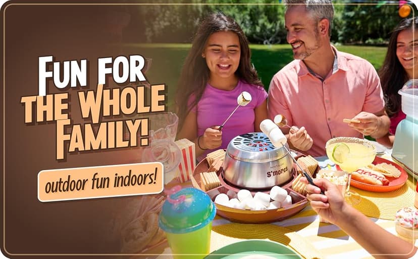 Nostalgia Tabletop Indoor Electric S'mores Maker - Smores Kit With Marshmallow Roasting Sticks and 4 Trays for Graham Crackers, Chocolate, and Marshmallows - Movie Night Supplies - Brown