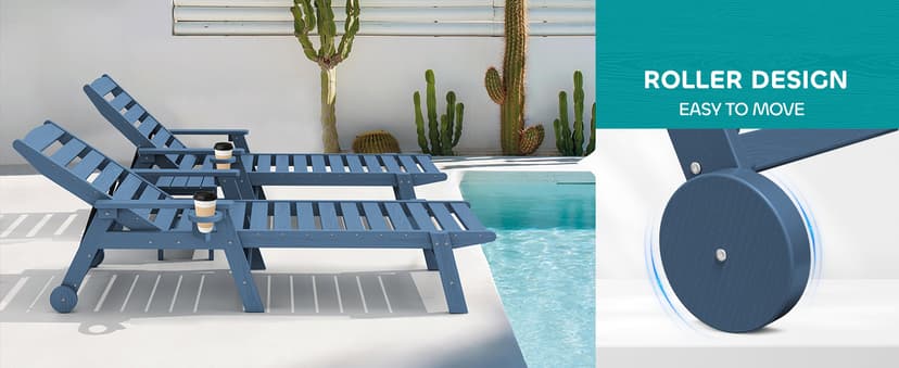 SERWALL Patio Chaise Lounge Chair Set of 2, 78'' Long 5-Positions Adjustable HDPE Outdoor Lounger for Pool, Poly Lounge Chair with Rolling Wheels & Cup Holder for Poolside, Deck, Blue