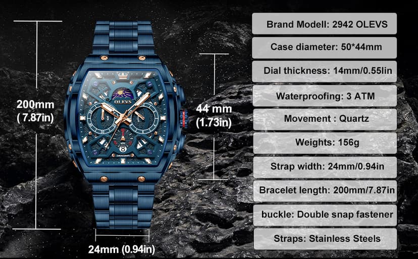 OLEVS Watches for Men Analog Quartz Luxury Diamond Waterproof Chronograph Stainless Steel Big Face Square Date Moon Phase Roman Numeral Dress Watch for Men