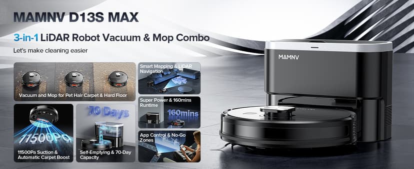 Robot Vacuum and Mop Combo, Robot Vacuum Self-Emptying with 11500Pa Suction, 70-Day Capacity, Fast Home Mapping, LiDAR Navigation, Smart Obstacle Avoidance, Ideal for Pet Hair, Carpet, Hard Floor