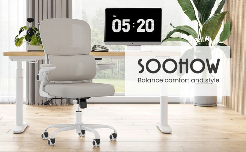 Soohow Office Chair, Mesh Ergonomic Office Chair with Lumbar Support, Comfy Computer Desk Chair with Flip Armrest Rolling Wheels for Home Study Room Office, White & Khaki