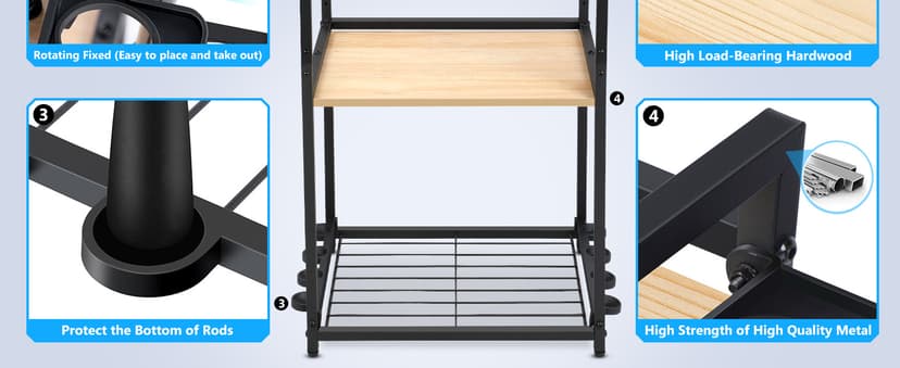 PLUSINNO 3 Tier Fishing Rod Holder, Fishing Pole Holders for Garage, Fishing Rod Rack Fishing Rod Storage Up to 8 Rods, Fishing Gear Tackle Box Fishing Equipment Organizers, Fishing Gifts for Men