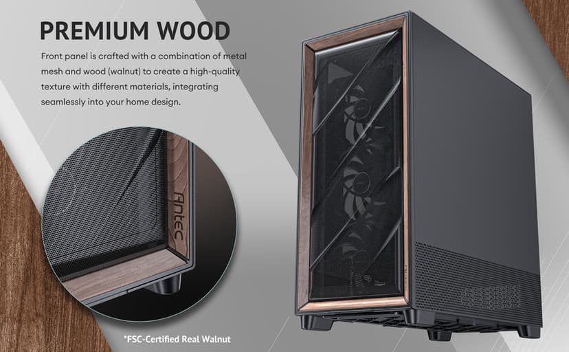 Antec Flux Pro, 6 x PWM Fans Included, High-Airflow Front Panel with Walnut Wood, iShift PSU 90° Mount, USB3.0 x 2, Type-C, 420mm Radiator Support, Temp. Display, Full-Tower E-ATX PC Case