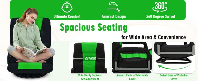 Swivel Floor Gaming Chair w/Armrests,Folding Video Reclining Sofa w/6 Adjustable Position, Padded Backrest & Cushion, Lazy Lounger Couch for E-Sports, Reading, Relaxing, Watching TV, Green