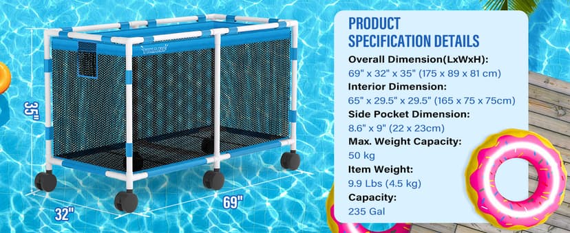 Pool Storage Bin - 235 Gallon 69" L Extra Large Pool Float Storage Organizer with Heavy Duty Tear & Sunlight Resistant Nylon Mesh, 360° Rolling Pool cart for Noodles,Toys,Floats,Balls