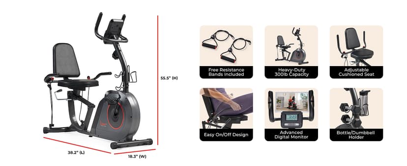 Sunny Health & Fitness Smart Heavy-Duty Recumbent Bike w/Wide Cushioned Seat & Back, Indoor Cycling Machine for Adult/Seniors Home Exercise, Free SunnyFit App Connect, Optional Workout Training Bands