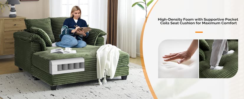 VINGLI Lounge Chair, 56" Oversized Reading Chair Corduroy Chaise Sofa Recliner Bed Upholstered Comfy Sleeper Couch with Throw Pillows and Armrests for Living Room, Movie Room, Bedroom