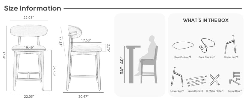 COLAMY Counter Height Bar Stools Set of 2, Kitchen Bar Stools with Back, Mid Century Modern Upholstered, with Wood Legs for Kitchen Island Dining Room, Beige