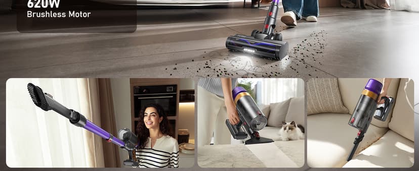 TVTAU Cordless Vacuum Cleaner, Self-Standing 620W 55KPA 75Min Runtime Stick Vacuum for Home, 1.8L Dust Cup, LED Display, Anti-Tangle, 8-Stage Filtration, for Hardwood Floor Carpet Pet Hair