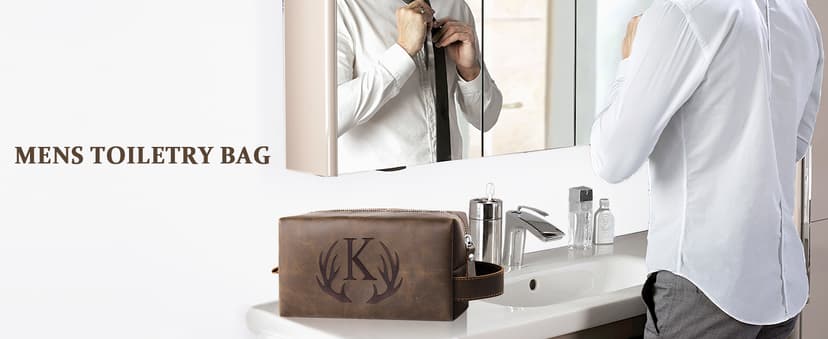 Unique Mens Toiletry Travel Bag Monogrammed Initial PU Leather Waterproof Shaving Bag for Toiletries Accessories Personalized Retirement Anniversary Thank You Gifts for Men Husband Him (R)