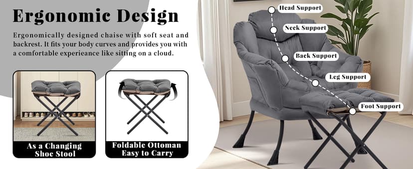 Lazy Chair with Ottoman, Comfy Accent Lounge Chair with Side Pocket, Modern Reading Armchair with Footrest, Upholstered Sofa Chair for Small Spaces, Bedroom, Living Room, Dorm, Darkgrey