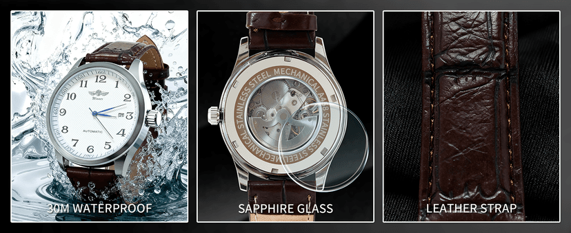 Gute Men's Watch, Mechanical Skeleton Steampunk Automatic Self-Winding Arabic Numeral Blue Hands Brown PU Leather Wrist Watch