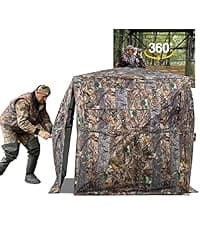 FUNHORUN Hunting Blind with Floor Mat, 360 Degree See Through Ground Blind with Carrying Bag, 2/3/4 Person Pop Up Camouflage Tent Portable Concealed Shelter